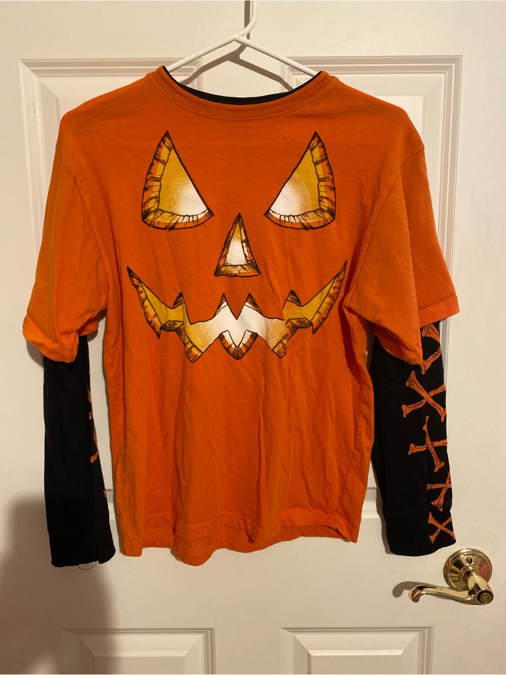 Halloween orange black jack o lantern pumpkin long sleeve shirt, girls size XL